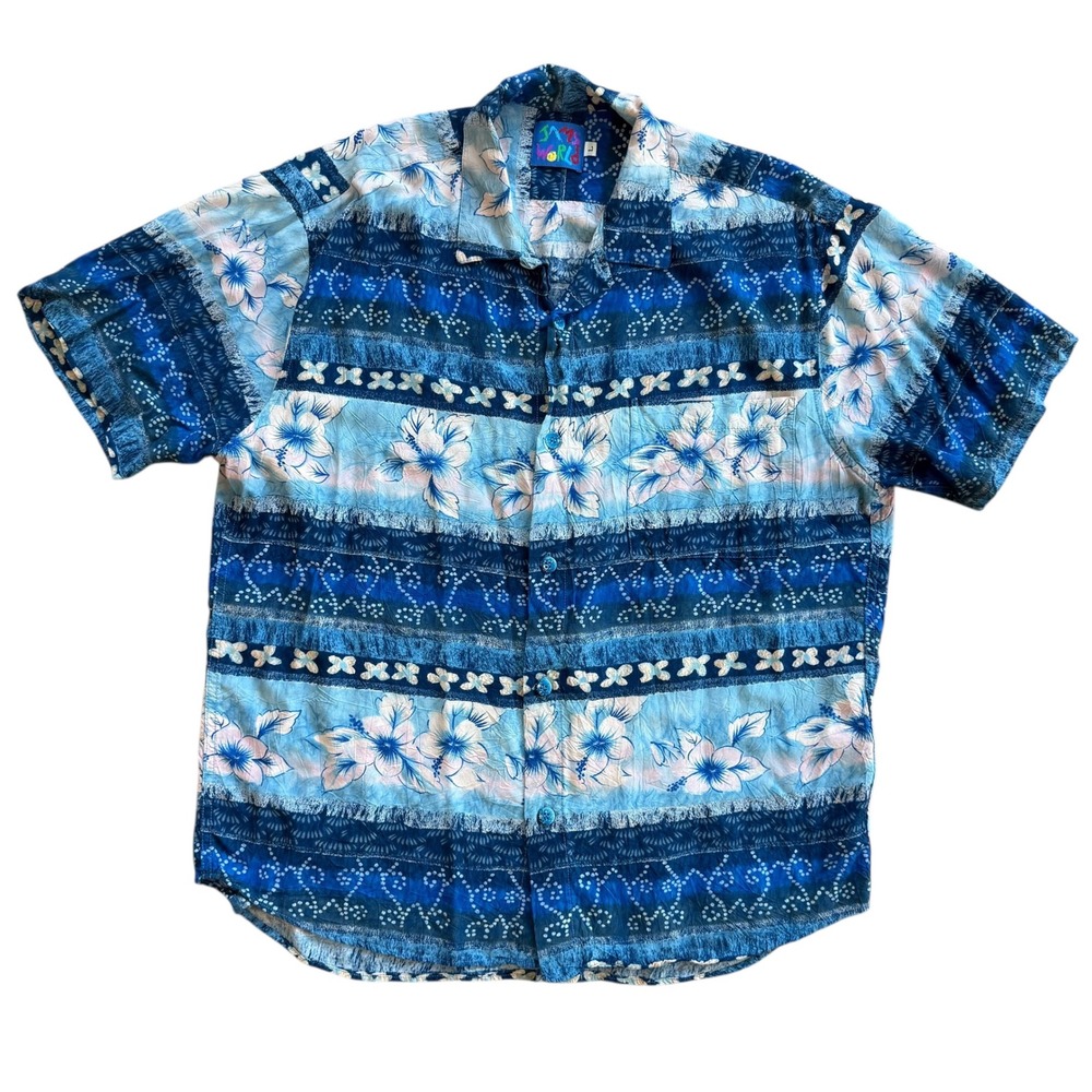 Vintage Jams World‎ Men Large Blue Blubiscus Rayon Hawaiian Shirt Made in Hawaii